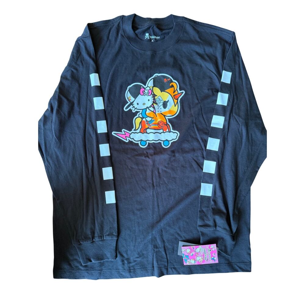 Tokidoki Hello Kitty Skater Unicorno Long Sleeve Tee Mens L Black Checkered NWT!